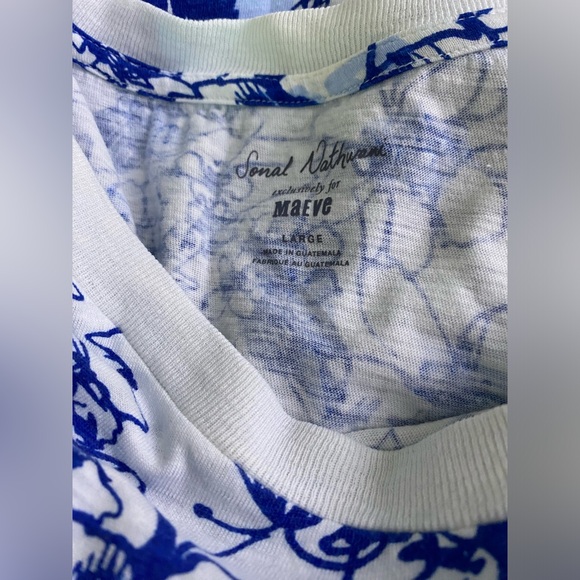 Anthropologie Sonal Nathwani Long-Sleeve Printed Tee by size L blue foral - Picture 7 of 8